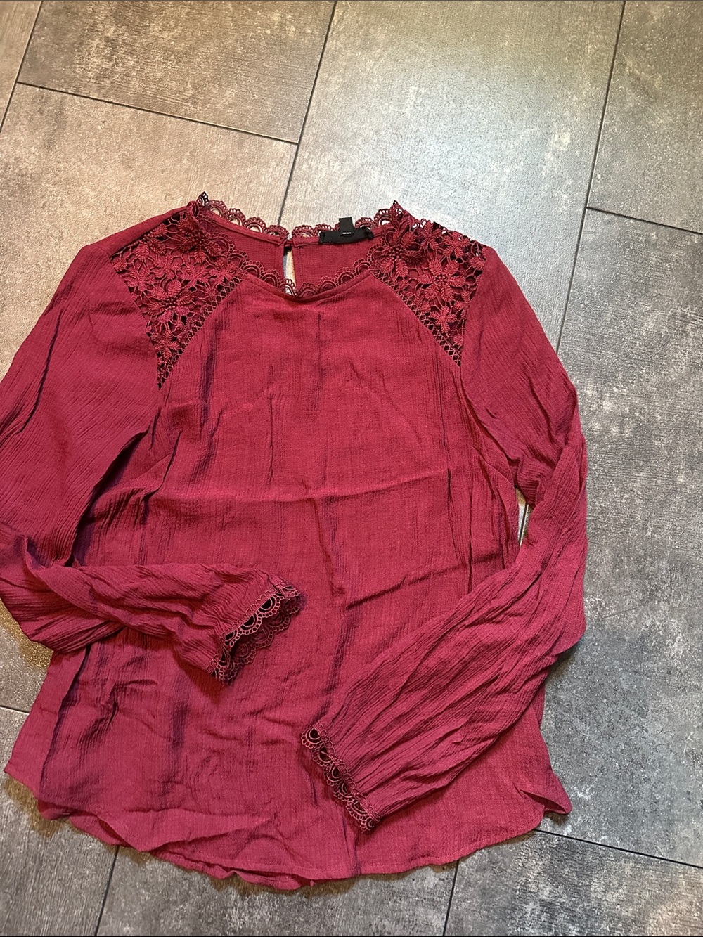 mine Burgundy Lace-Yoke Long Sleeve Blouse